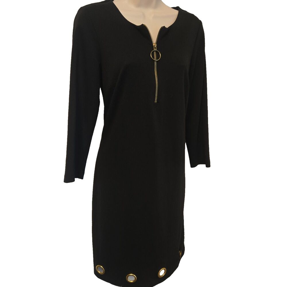 Prelude 90s Office Chic Black Shift Dress S Gold O-Ring Zip Neck Grommet Hem Mod